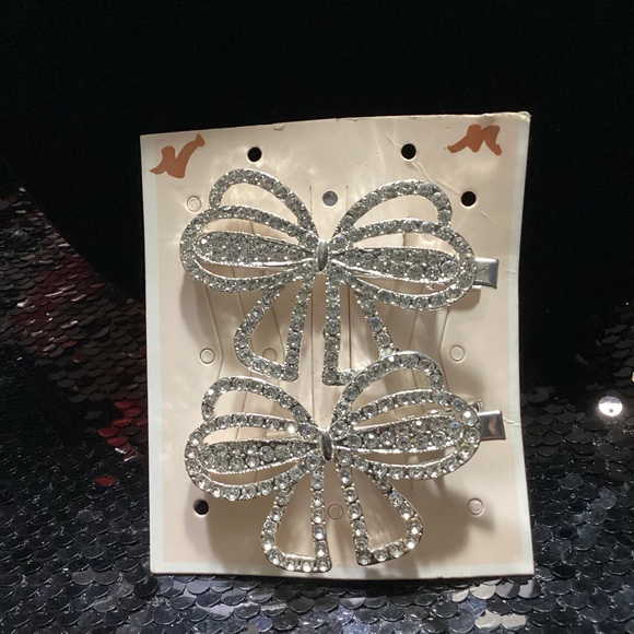 Sparkling Silver Rhinestone Bow Hair Clips - Picture 1 of 5